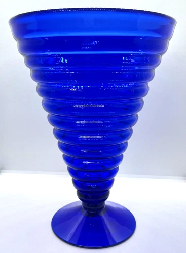 Blenko Art Glass Cobalt Blue Ribbed Pedestal Vase