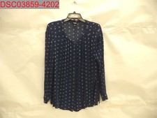 A.N.A Women's Navy Geo Print Texture RoundNeck Long Sleeve Button Down Blouse XL