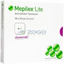 Mepilex Lite Thin Silicone Foam Dressing 4'' X 4'' Square Adhesive -5/Box