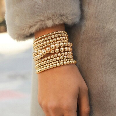 4mm 6mm 8mm Women Men 4mm 18k Gold Filled Bead Elastic Bracelet Beaded Bracelets