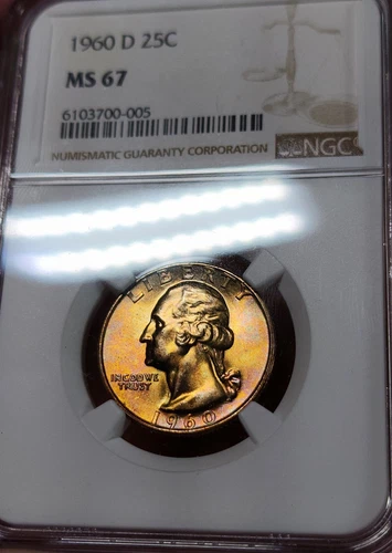 1960 D Washington Quarter 25C NGC MS67 Rare Grade $4,000 PG Rainbow Toned Blazer