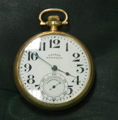 HAMPDEN DUEBER GOLD FILLED RAILROAD GRADE 21 JEWEL POCKET WATCH ENGRAVED RUNS