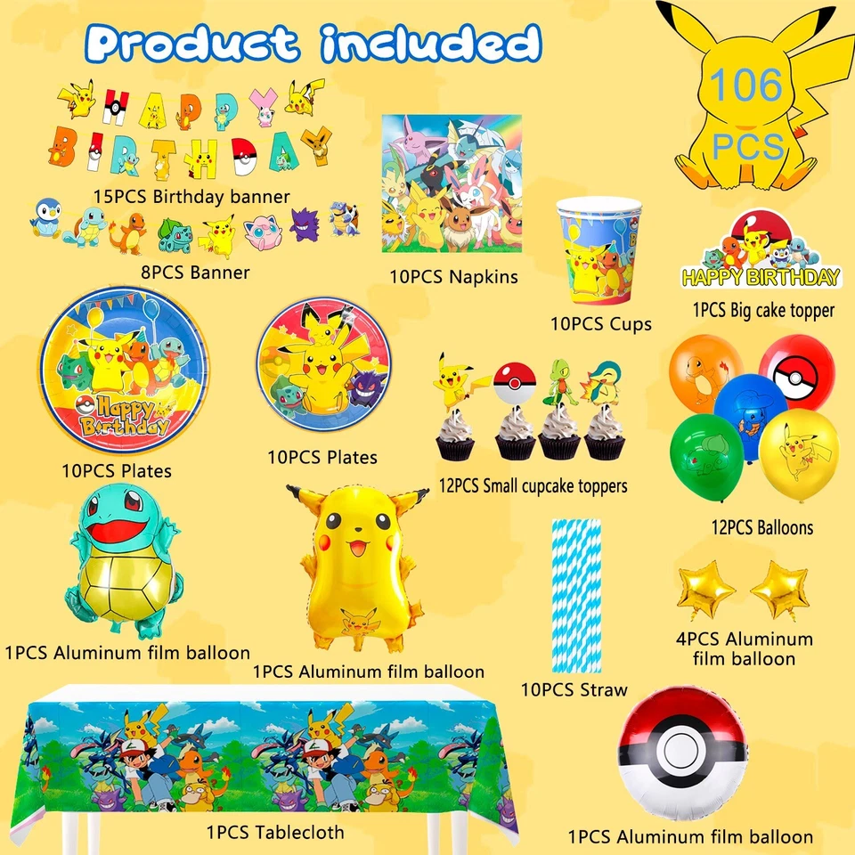 106 Pcs PokeMon Birthday Party Supplies PokeMon Decorations for Kids Balloons - Image 2 of 4