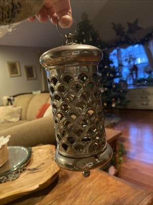 Vintage India Silver Plated Incense Holder Pierced Arabic Candle Cylinder Boho