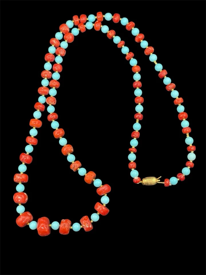 Collana corallo in turchese con chiusure in argento - Immagine 3 di 4