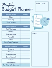 Digital PDF Light Blue Minimalist Financial Monthly Budget Plan Instant Download