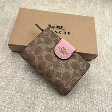 NWT Coach Medium Corner Zip Wallet In Signature Canvas Brown/Pink CW786 With Box