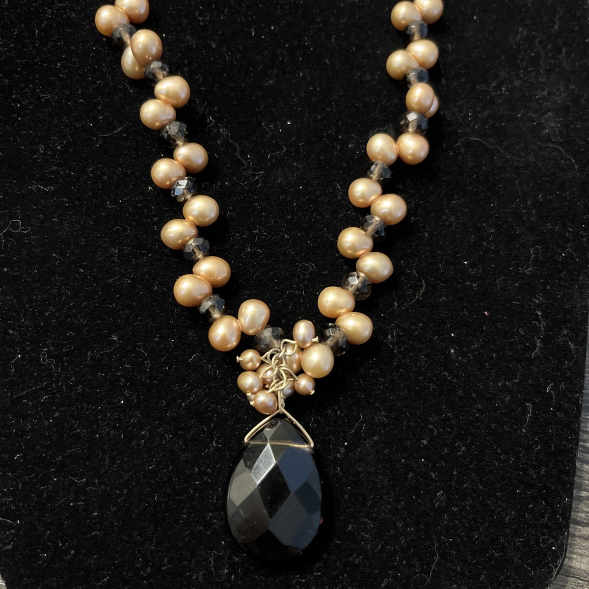 Vintage IWI 14K Yellow Gold  Champagne Pearl Smokey Quartz Cluster 17” Necklace