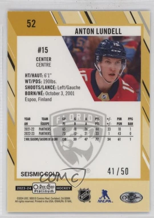 2023-24 O-Pee-Chee Platinum Seismic Gold /50 Anton Lundell #52 - Image 2 of 2