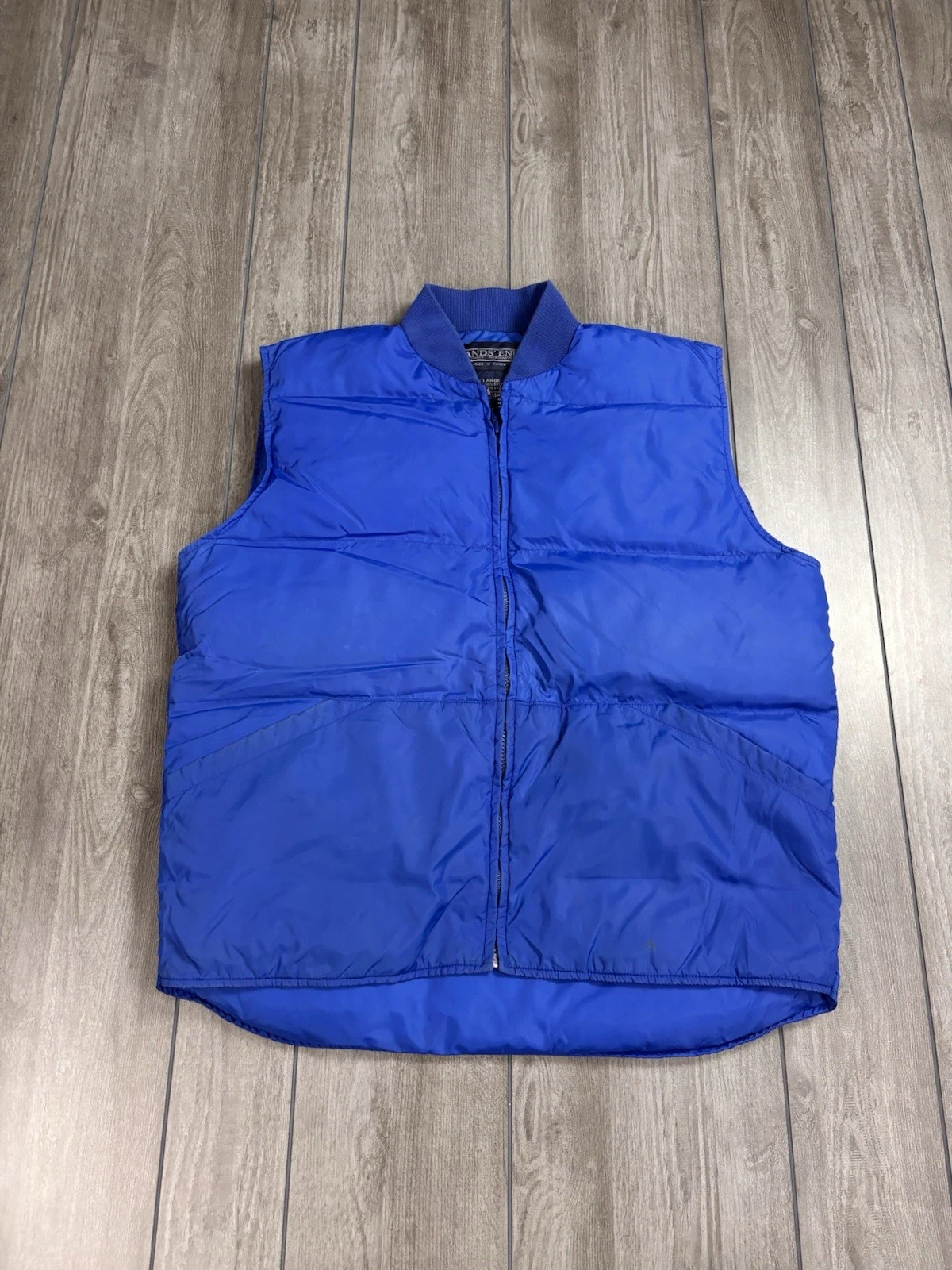 Men’s Vintage 90s Lands End Goose Down Blue Puffer Vest, Size Large