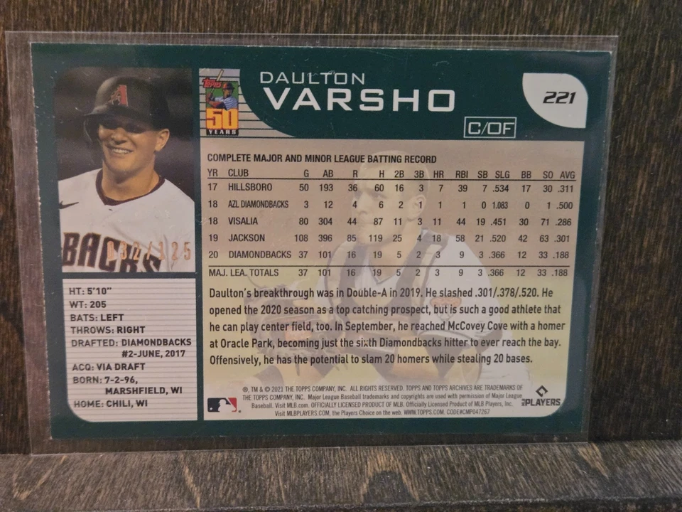 2021 Topps Archives 2001 Topps Green /125 Daulton Varsho #221 Rookie RC Card - Image 2 of 2