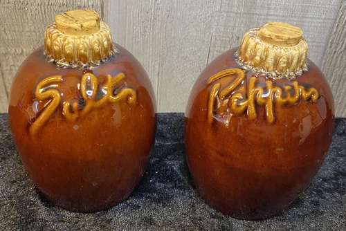 Vintage Hull Brown Drip Glazed Ovenproof Salt Pepper Shakers Stopper Corks