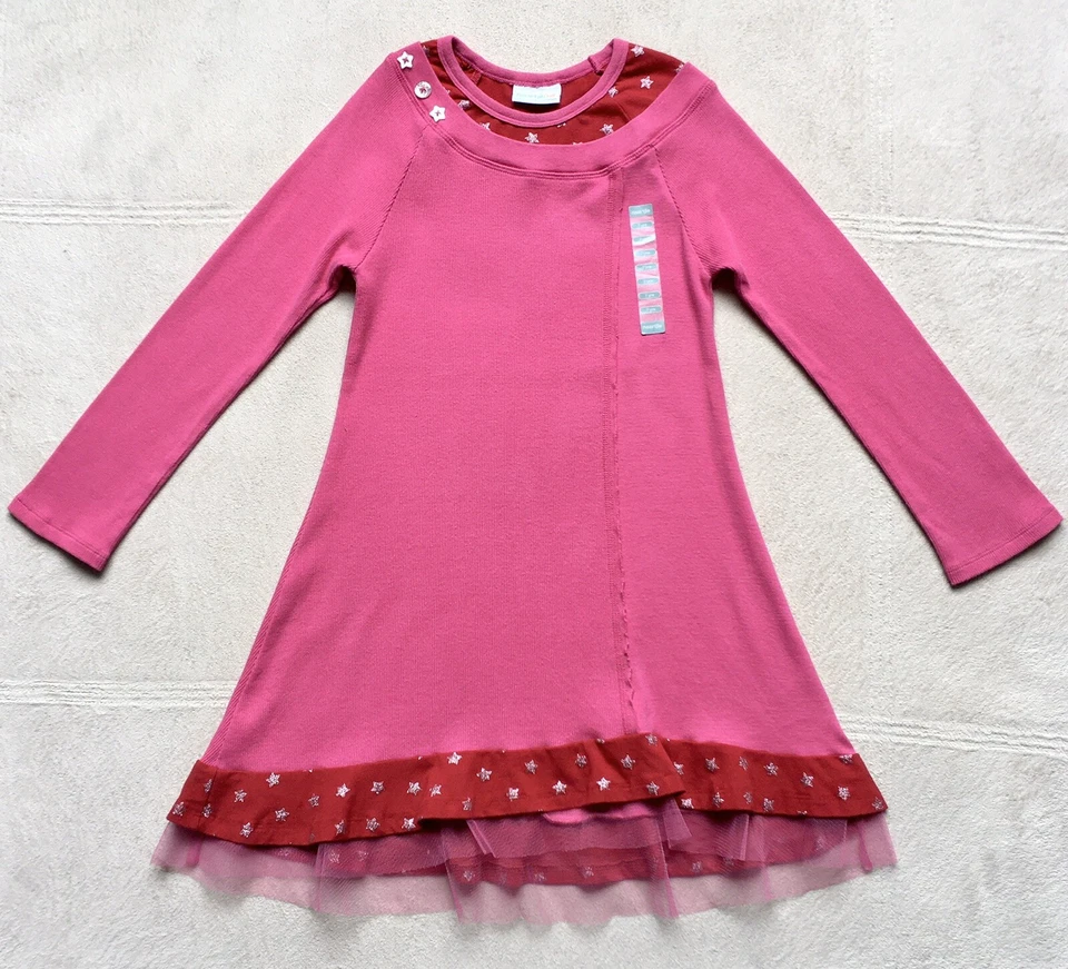 Vestido NAARTJIE Niñas, Talla 7, Rosa, Rojo, Estrellas Plateadas, Mangas Largas, ¡NUEVO! Foto 4 de 4