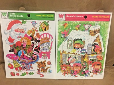 Vintage 70s Lot Of 2 Christmas Frame Tray Puzzle Illustrator Santa And Elves Ebay