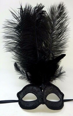 DAMEN LANGE SCHWARZE FEDERMASKE VENEZIANISCHER MASKENBALL KARNEVAL PARTY AUGENMASKE