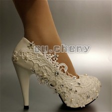 su.cheny 4" heel white ivory lace Wedding Bridal heels women hight pumps shoes