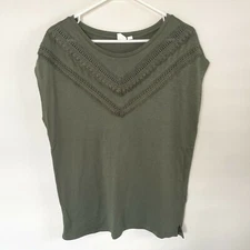 Gap Top Womens Size S Green Fringe Stretch Shirt Southwestern Cap Sleeve