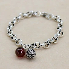 Silver Retro Bell Red Beads Bracelet Chain Women Charm Party Jewelry Gifts