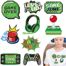 Video Game Embroidery Patches, Green Pixelated Gaming Sew Iron on Embroidered Ap