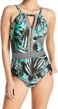 Jantzen 3310 Women's Leafy Tropical Plunge One Piece Swimsuit Size 10