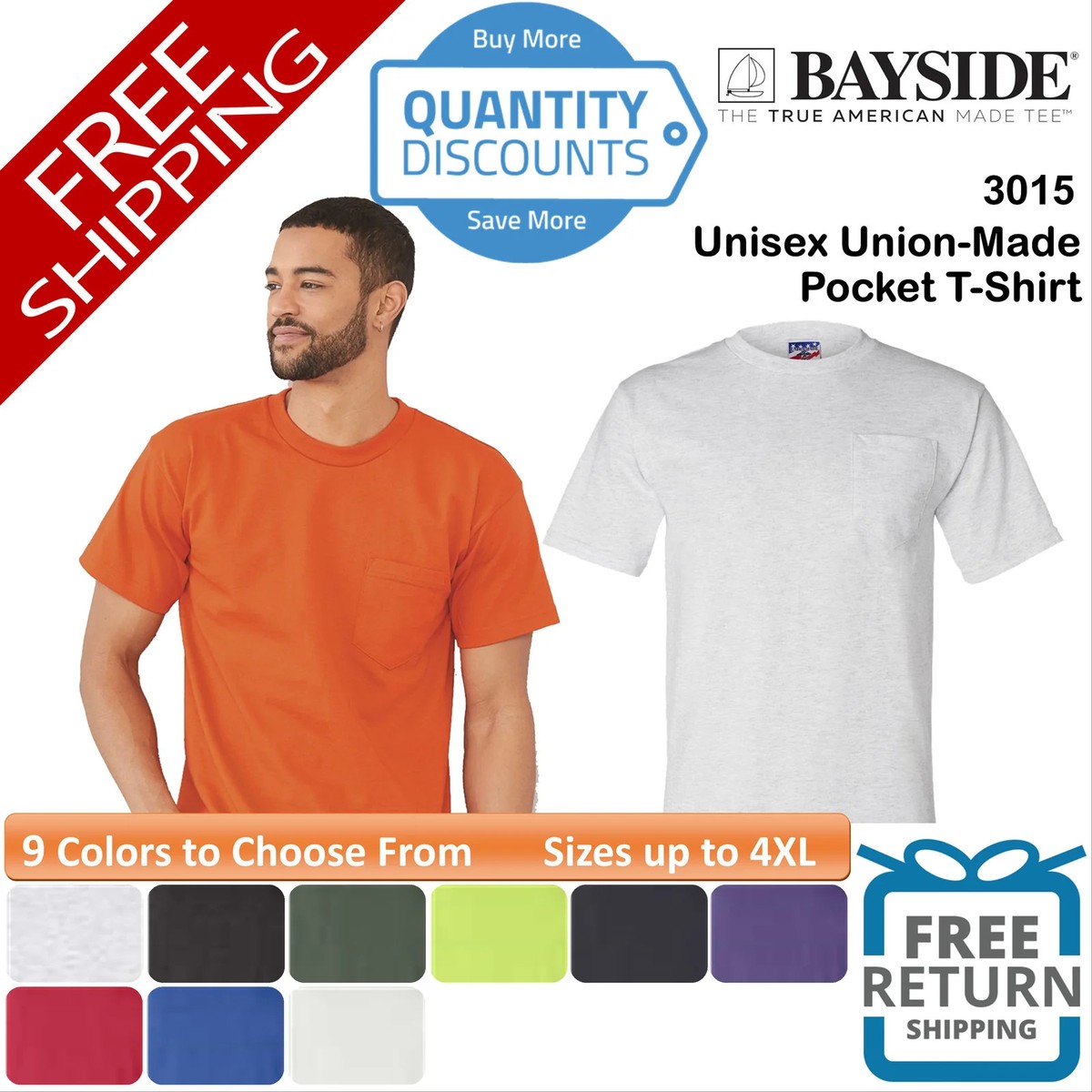 🔥 Bayside Men Union-made Chest Pocket T-shirt Pre-shrunk Cotton