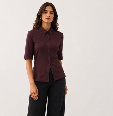 Womens M&S Autograph Raisin Fitted Jersey Polo Top Button Front Short Sleeve