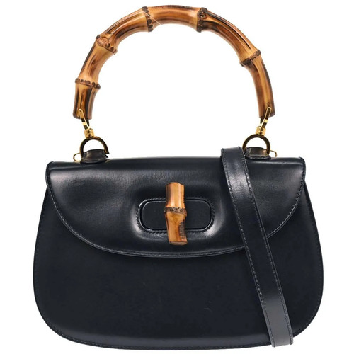 Gucci Vintage Convertible Bamboo Top Handle Leather Navy Handbag