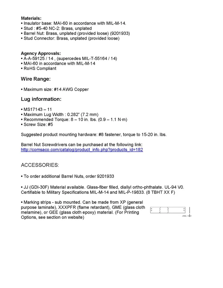 Marco 8TB10, Barrier Terminal Block, 2 Row, 10 Pos, 14 AWG, 9.5 mm, 30 A (NOS) - Image 4 of 4