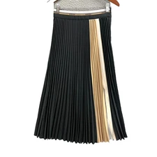 Reiss Iris Contrast Waistband Pleated Skirt Womens 4 Black Gold Midi Career New