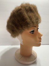 Vintage Brown Faux Fur Pillbox Beret Hat Satin Lined
