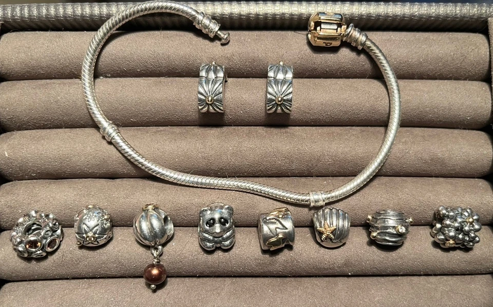 Pandora Retirado Lote 8 Cuentas 2 Clips 1 Pulsera Oro 14k Plata 925 Diamantes Gemas Foto 3 de 4