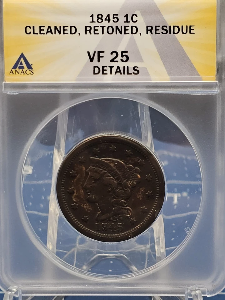 Graded 1845 1c Large Cent ANACS VF 25 FREE USA SHIPPING  - Image 2 of 4