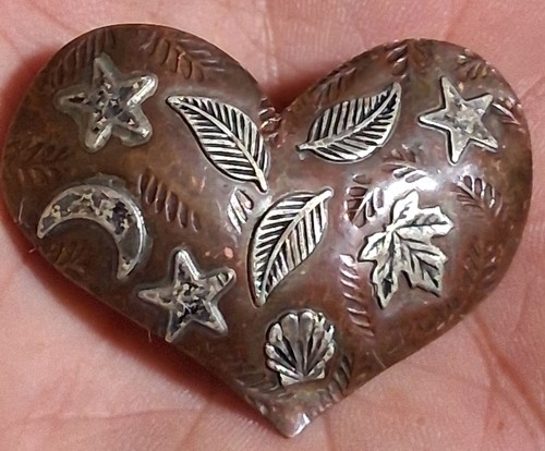 Vtg ROGGIO Hand-Wrought Copper Domed Heart Nature Motifs Stars Leaves & Seashell