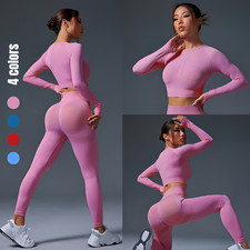Women Seamless 2 Piece Gym Set Long Sleeve Crop Top High Waist Leggings