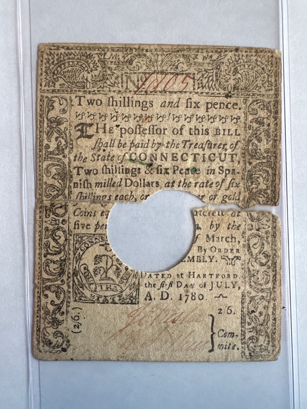 July, 1780 2s & 6d TWO SHILLINGS SIX PENCE CONNECTICUT COLONIAL NOTE