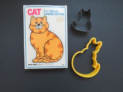 Vintage Extra Large CAT Cookie Cutter by Fox Run + Small Tin and Yellow Plastic