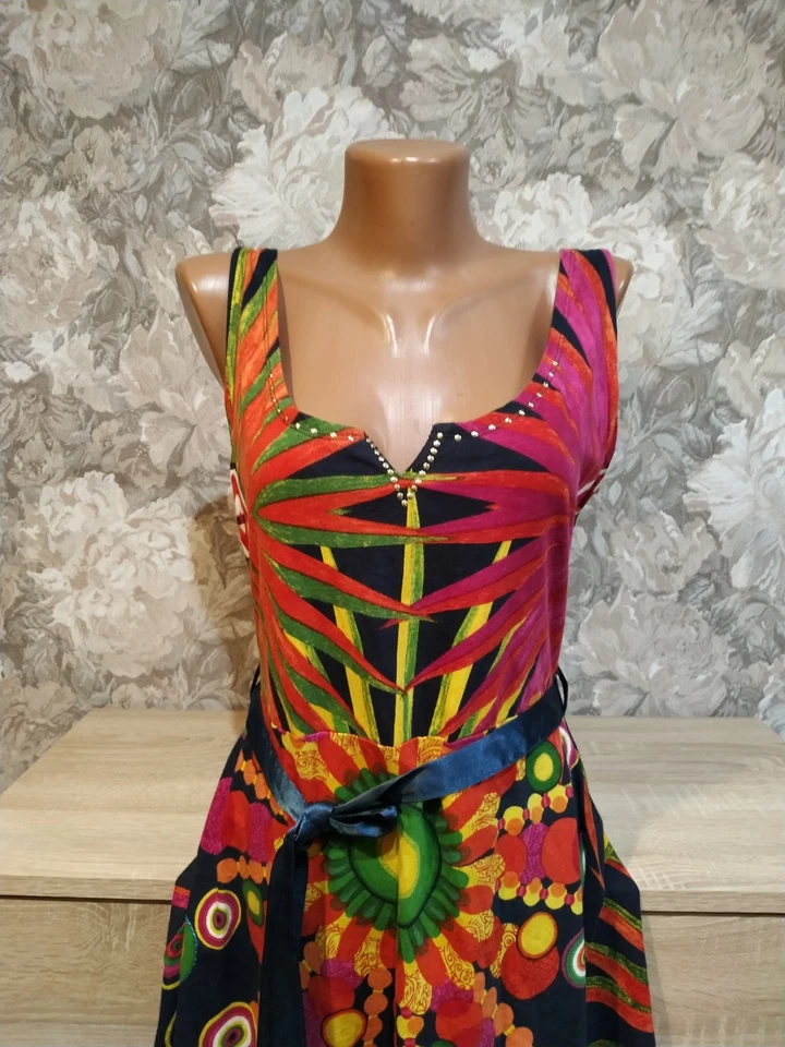 Desigual women's dress size L blue multicolor Gold, floral, Belt, Midi - Image 3 of 4