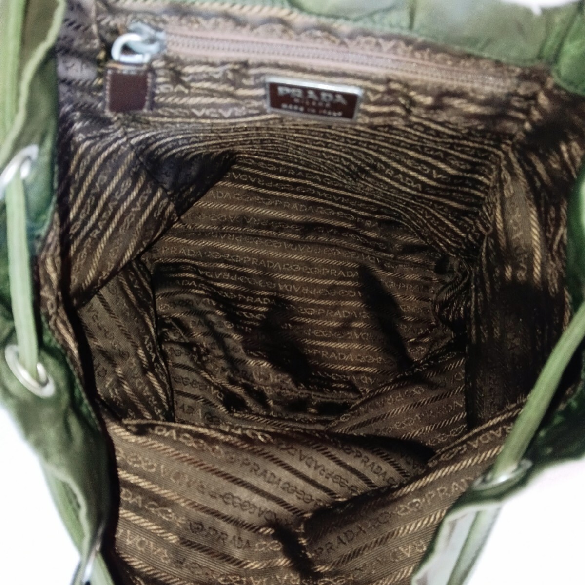 Good Condition Prada Vintage Olive Nylon Drawstring Backpack Ladies Men s from j thumbnail 7