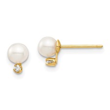 14k Yellow Gold 4-5mm Cultured Pearls  Cubic Zirconia Stud Earrings 0.58gm