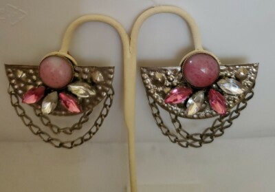 Jewelry Earrings Gaudy Fun 3'' Fan Pink Glass Cabacon Rhinestone Silvertone Clip 