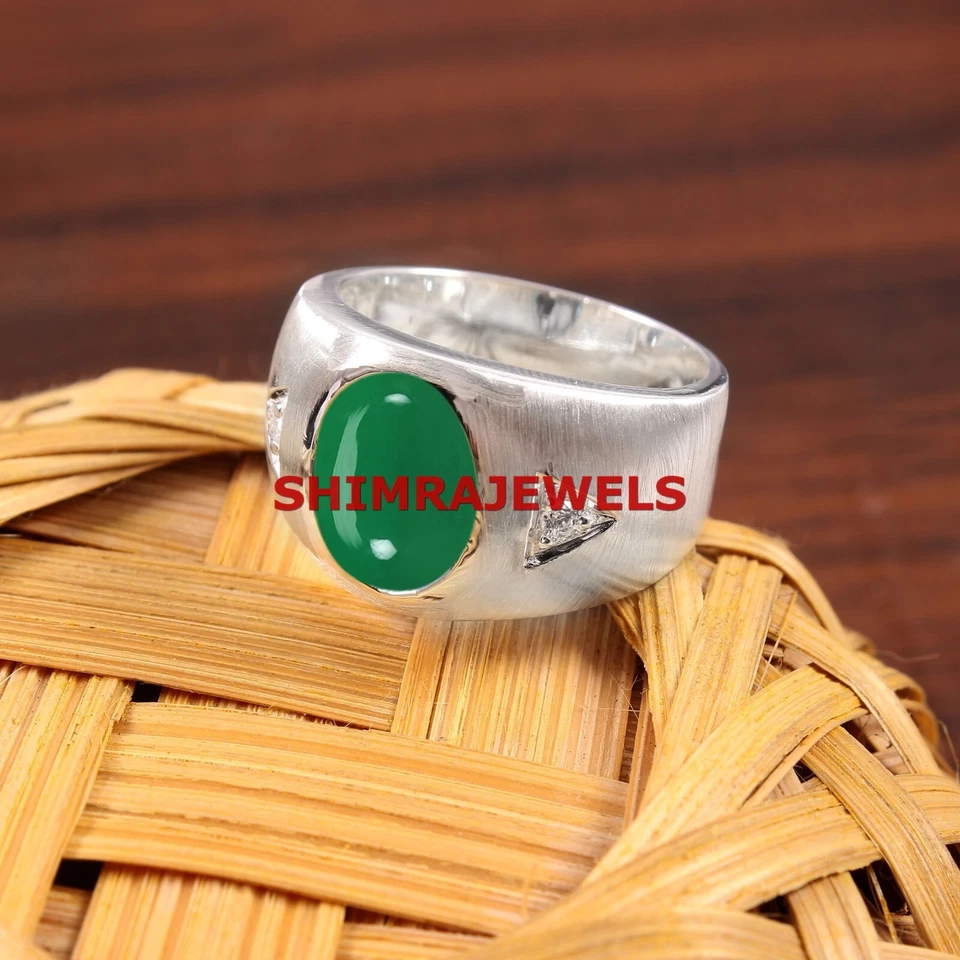 Anillo De Hombre De Plata De Ley 925 Con Piedra Natural De Ónix Verde Y CZ #1020 - Imagen 2 de 4