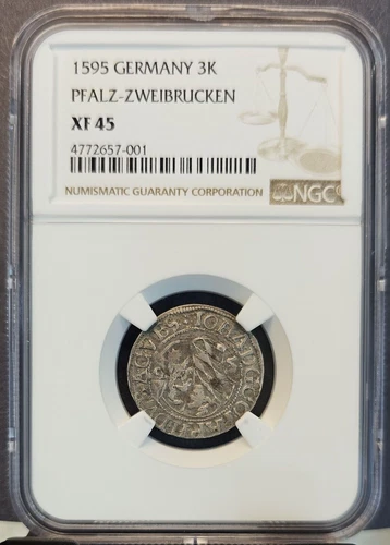 1595 GERMANY SILVER 3 KREUZER PFALZ ZWEIBRUCKEN NGC XF 45 HIGH GRADE RARE