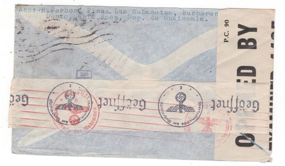 CUBIERTA DE CORREO AÉREO CENSURADO MÚLTIPLE BARBERENA GUATEMALA SEGUNDA GUERRA MUNDIAL A ALEMANIA Foto 2 de 2