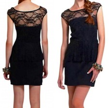 Anthropologie Needlepoint Ponte Dress Large 10 12 Black Peplum & Lace Romantic 