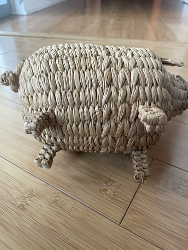Vintage Hanging Raffia Wicker Pig Shaped Piggy Bank Boho Retro Decor - Picture 7 of 8