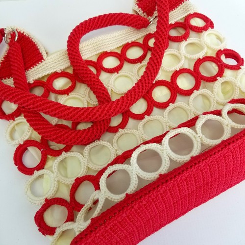 VTG Handmade Crochet Purse Shoulder Bag Lined Red White Rings Zip Pockets Boho - Picture 2 of 15