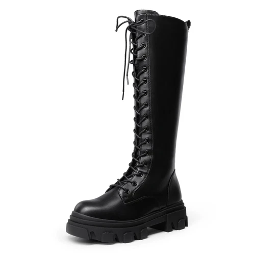 Women Lace Up Chunky Platform Heel Side Zipper Combat Boots Knee High Boots - Picture 1 of 11