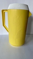 Vintage Yellow 1960s Drink Pitcher embossed Tulip with Lid- Sterilite MCM Floral