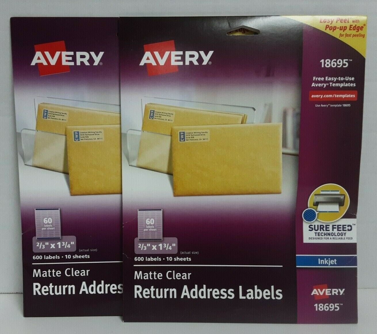 2 packs AVERY 18695 Matte Clear Return Address Labels 2/3"x1-3/4" (600 per pack)