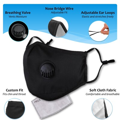 #ad Reusable Washable Face Mask Breathing Air Valve PM2.5 Carbon Filter Black $4.99